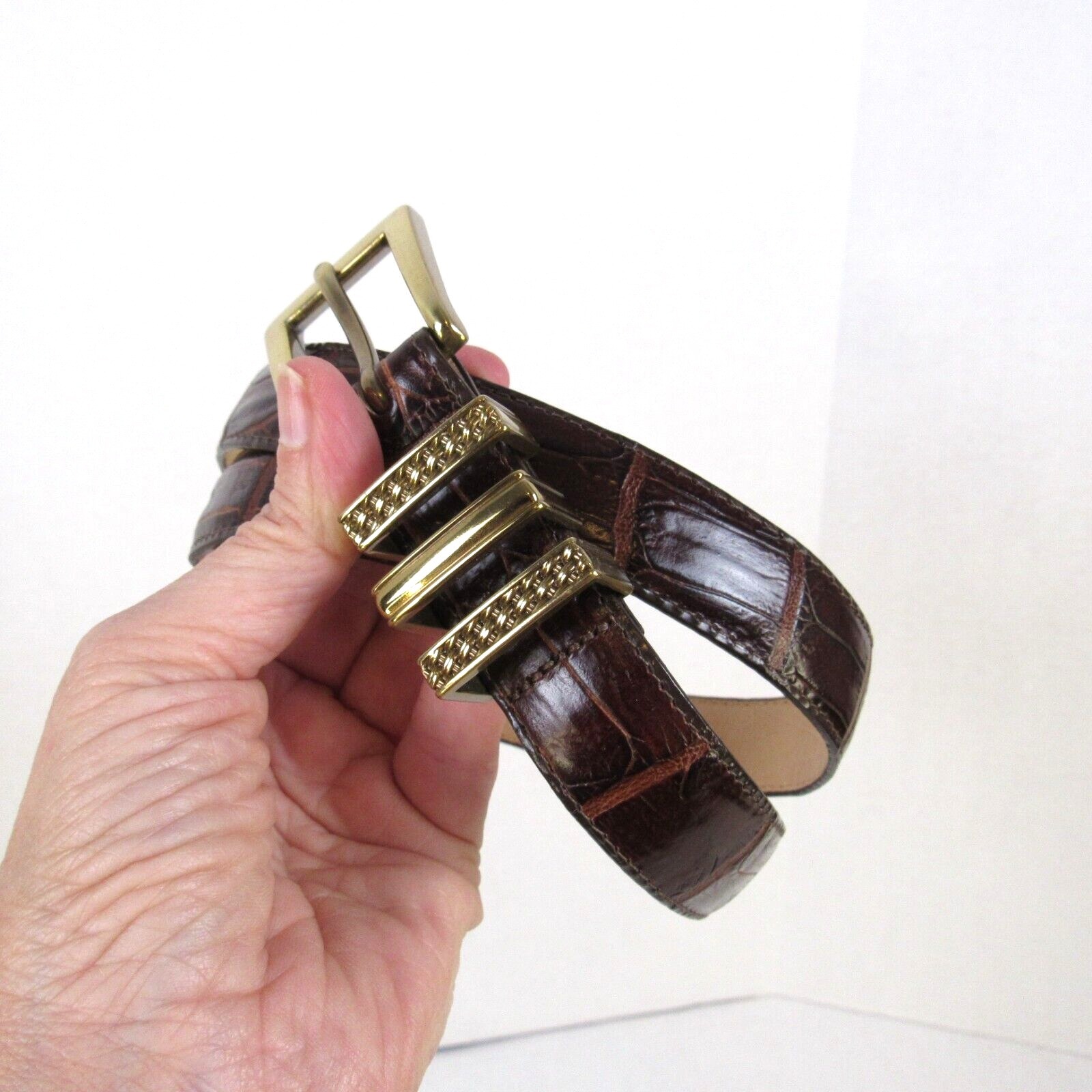 Brighton Classics Embossed Crocodile Pattern Brown Leather Belt Gold Buckle